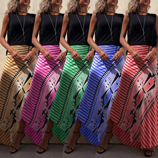 Damen-Maxirock aus Satin mit geometrischem Print und elastischer Taille