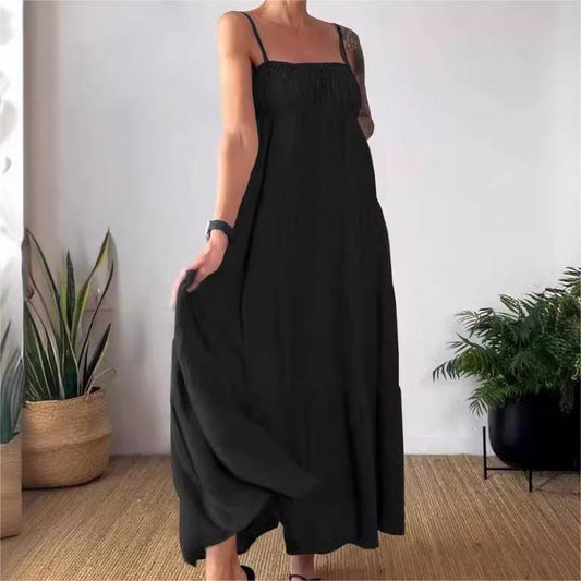 Solid Color Pleated Breathable Spaghetti Strap Dress