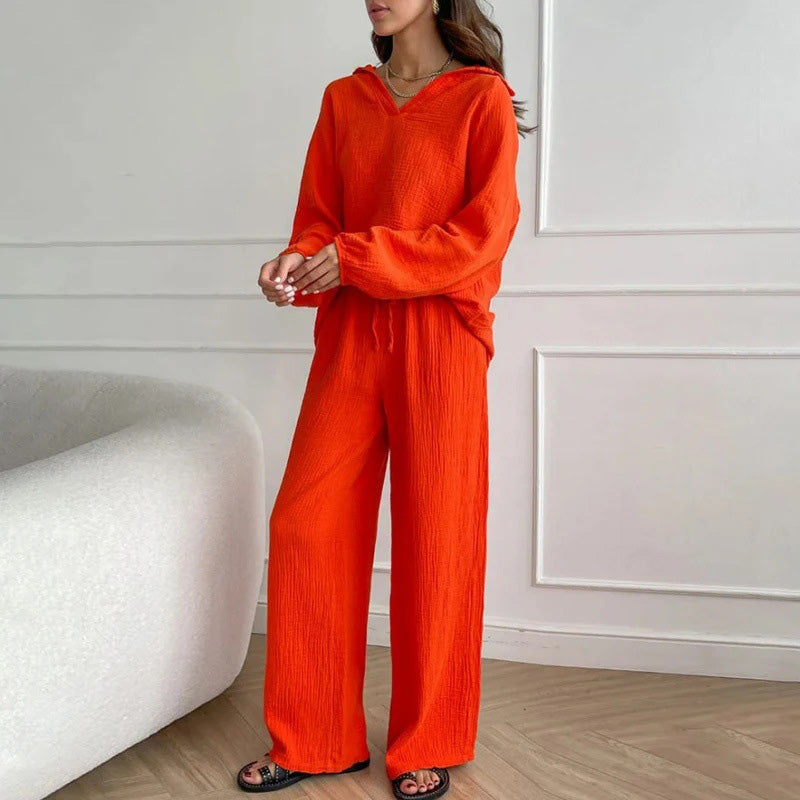 Casual Solid Color 2 Piece Set - V Neck Top and Loose Long Pants success