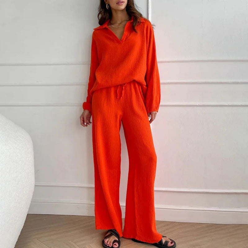 Casual Solid Color 2 Piece Set - V Neck Top and Loose Long Pants success