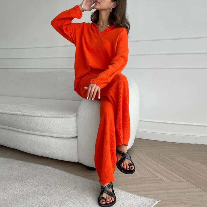 Casual Solid Color 2 Piece Set - V Neck Top and Loose Long Pants success