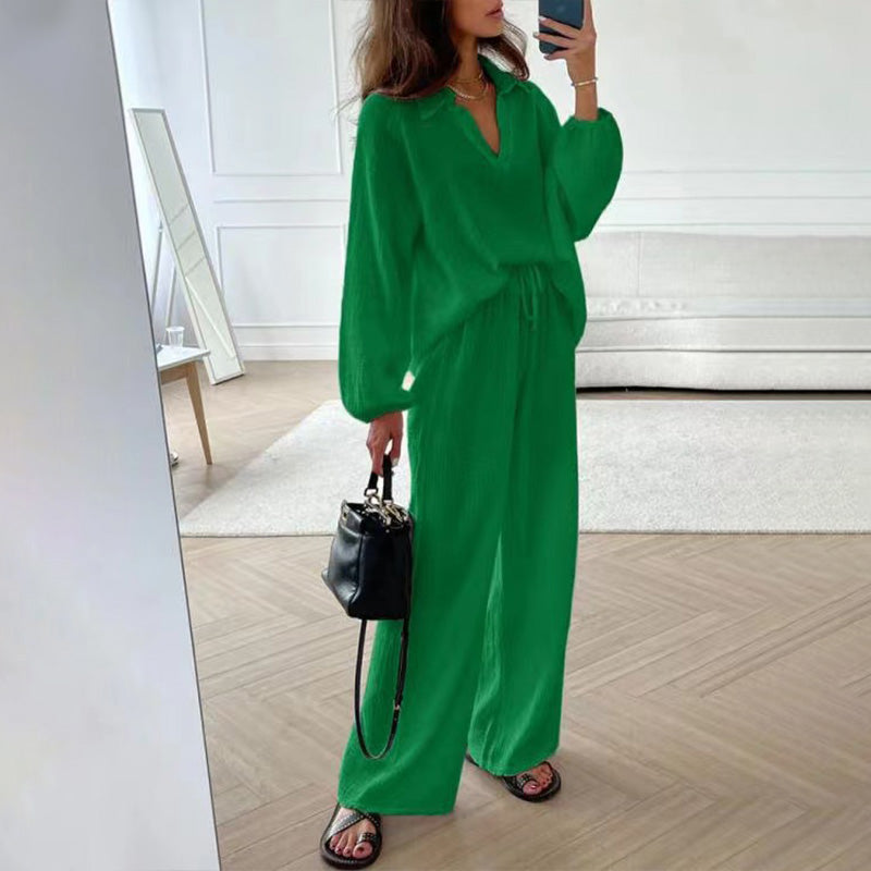 Casual Solid Color 2 Piece Set - V Neck Top and Loose Long Pants success